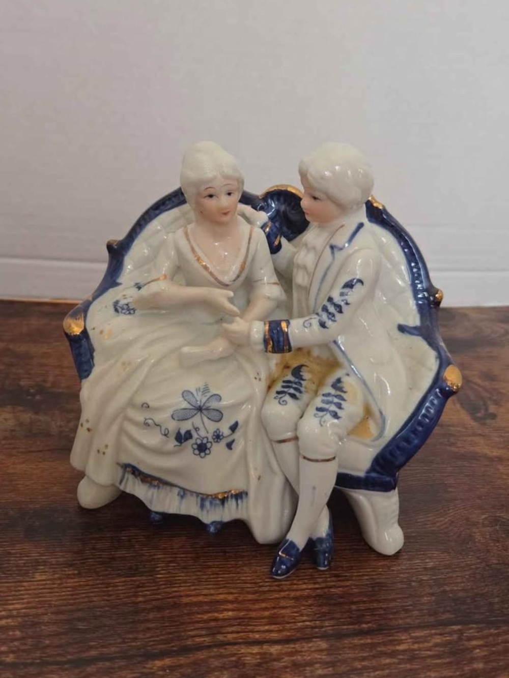 Vintage Porcelain Colonial Blue & White Seated Courting Couple, Gold Accents